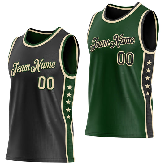 Custom Reversible Black Cream-Green Double Side Star Sublimation Basketball Set Jersey
