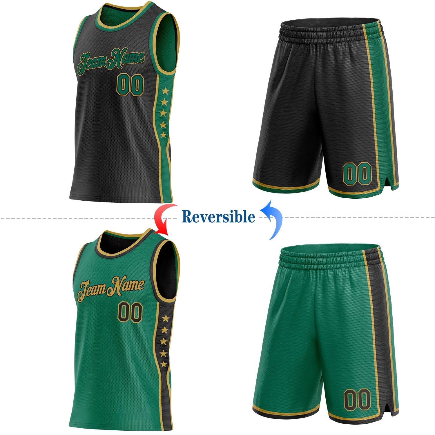 Custom Reversible Black Kelly Green-Old Gold Double Side Star Sublimation Basketball Set Jersey