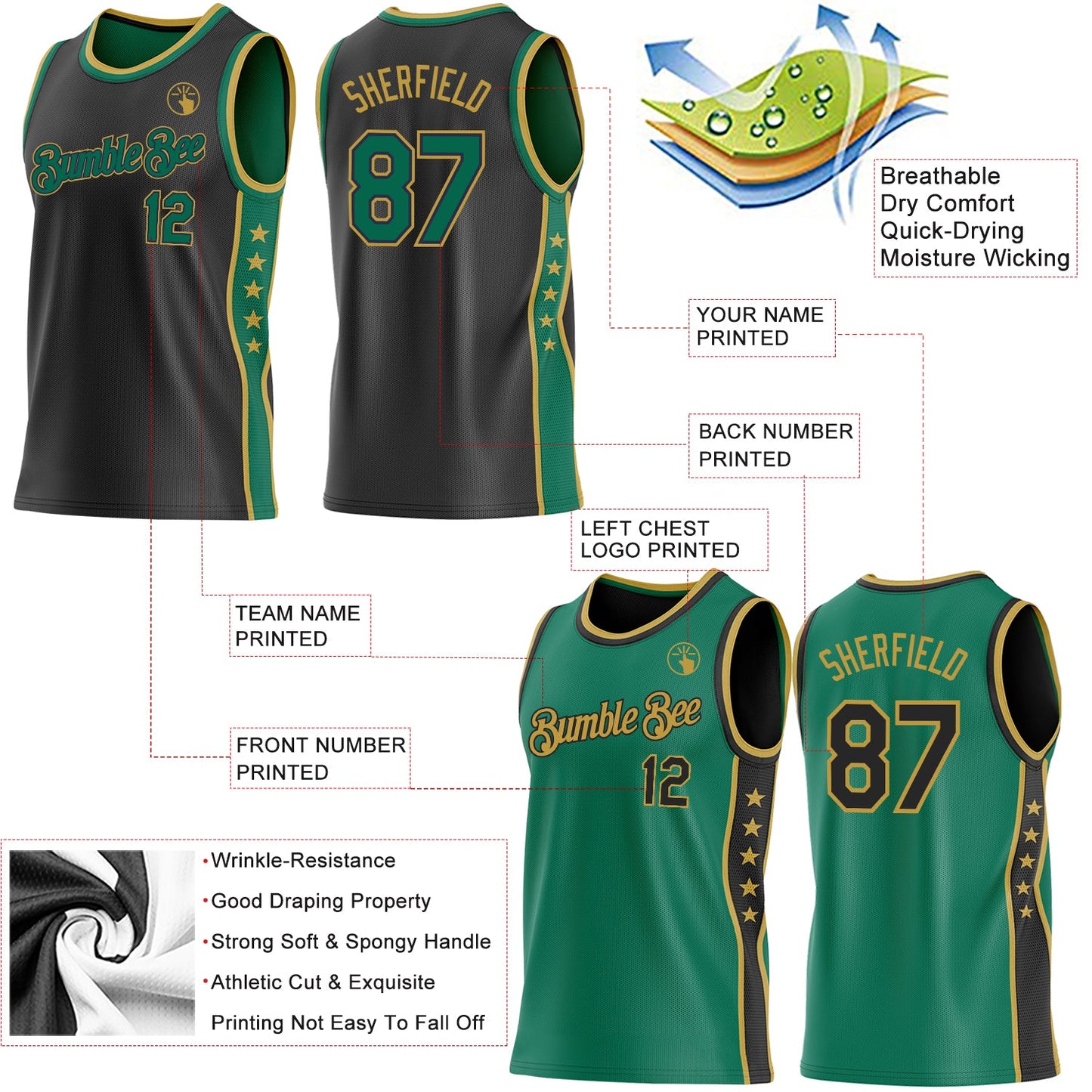 Custom Reversible Black Kelly Green-Old Gold Double Side Star Sublimation Basketball Set Jersey