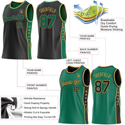 Custom Reversible Black Kelly Green-Old Gold Double Side Star Sublimation Basketball Set Jersey