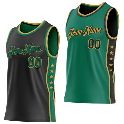 Custom Reversible Black Kelly Green-Old Gold Double Side Star Sublimation Basketball Set Jersey