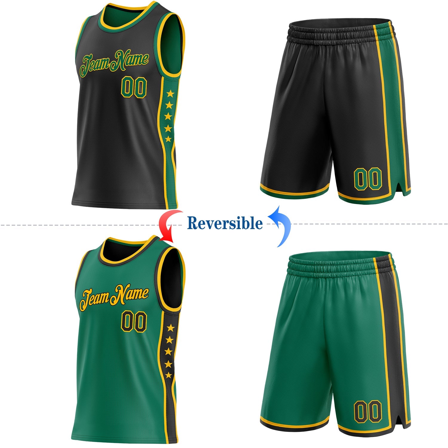Custom Reversible Black Kelly Green-Gold Double Side Star Sublimation Basketball Set Jersey