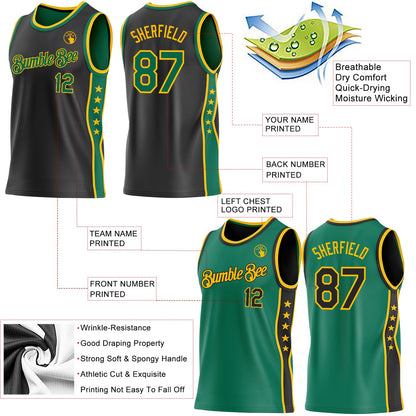 Custom Reversible Black Kelly Green-Gold Double Side Star Sublimation Basketball Set Jersey