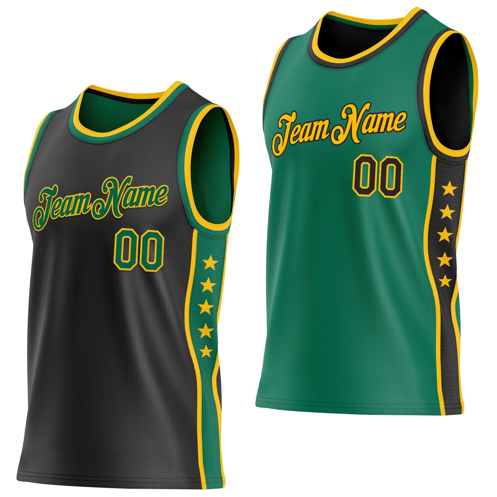 Custom Reversible Black Kelly Green-Gold Double Side Star Sublimation Basketball Set Jersey