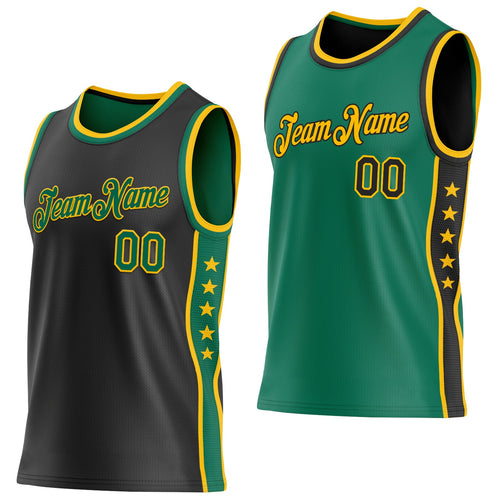 Custom Reversible Black Kelly Green-Gold Double Side Star Sublimation Basketball Set Jersey