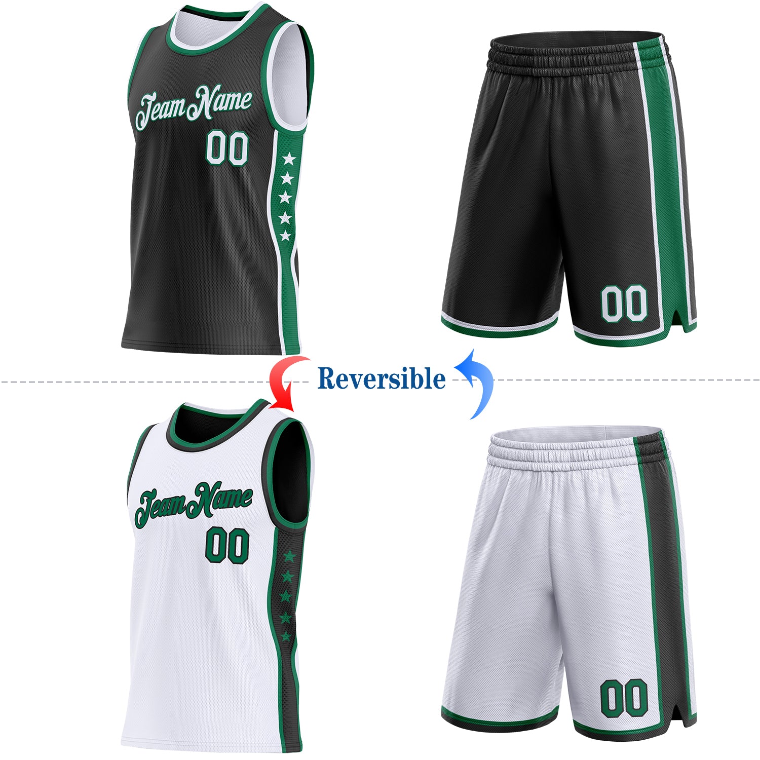 Custom Reversible Black White-Kelly Green Double Side Star Sublimation Basketball Set Jersey