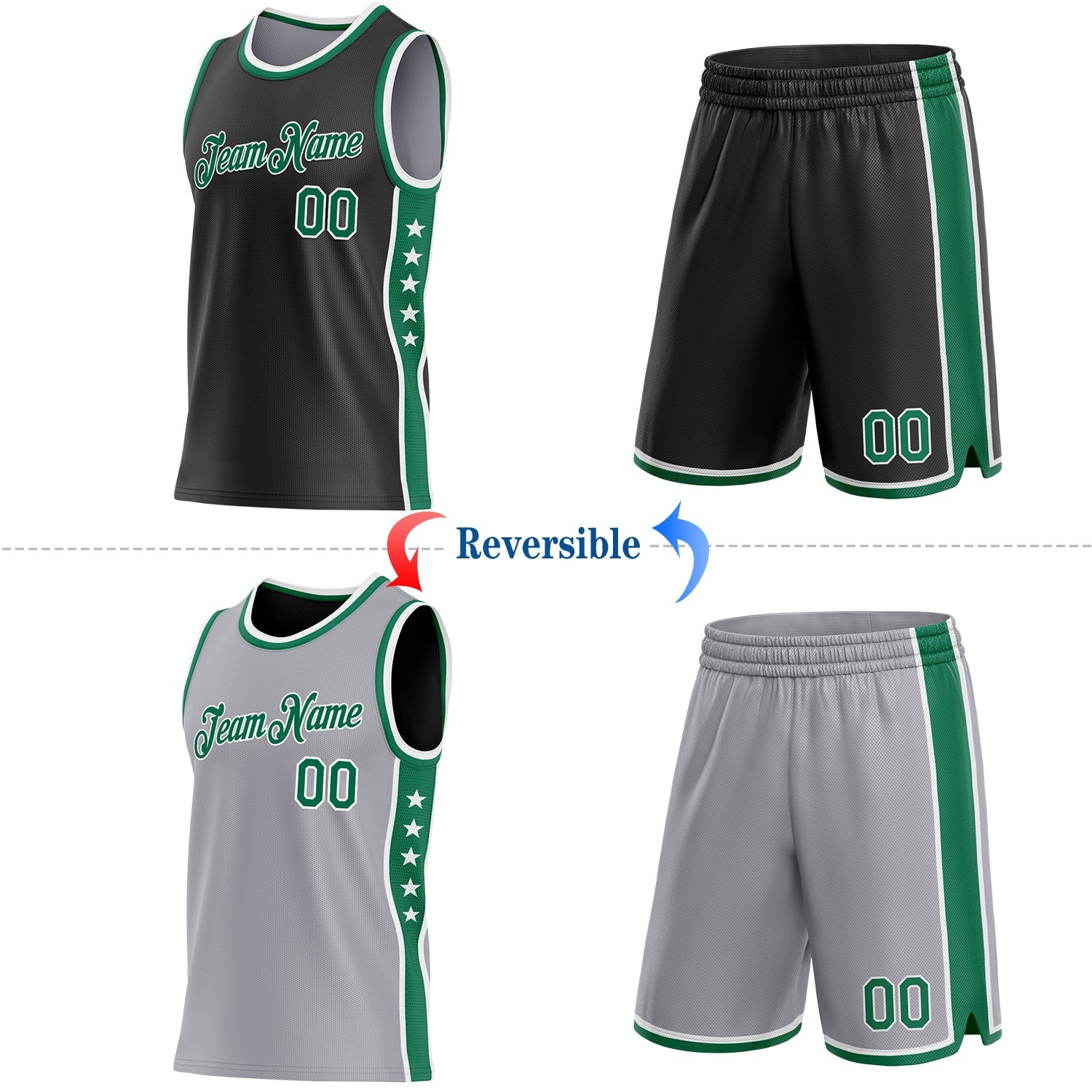 Custom Reversible Black Kelly Green-White Double Side Star Sublimation Basketball Set Jersey