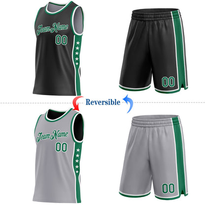 Custom Reversible Black Kelly Green-White Double Side Star Sublimation Basketball Set Jersey