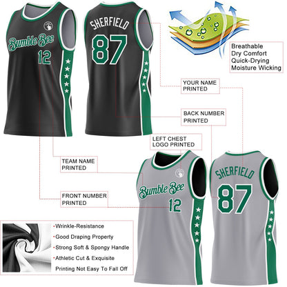 Custom Reversible Black Kelly Green-White Double Side Star Sublimation Basketball Set Jersey