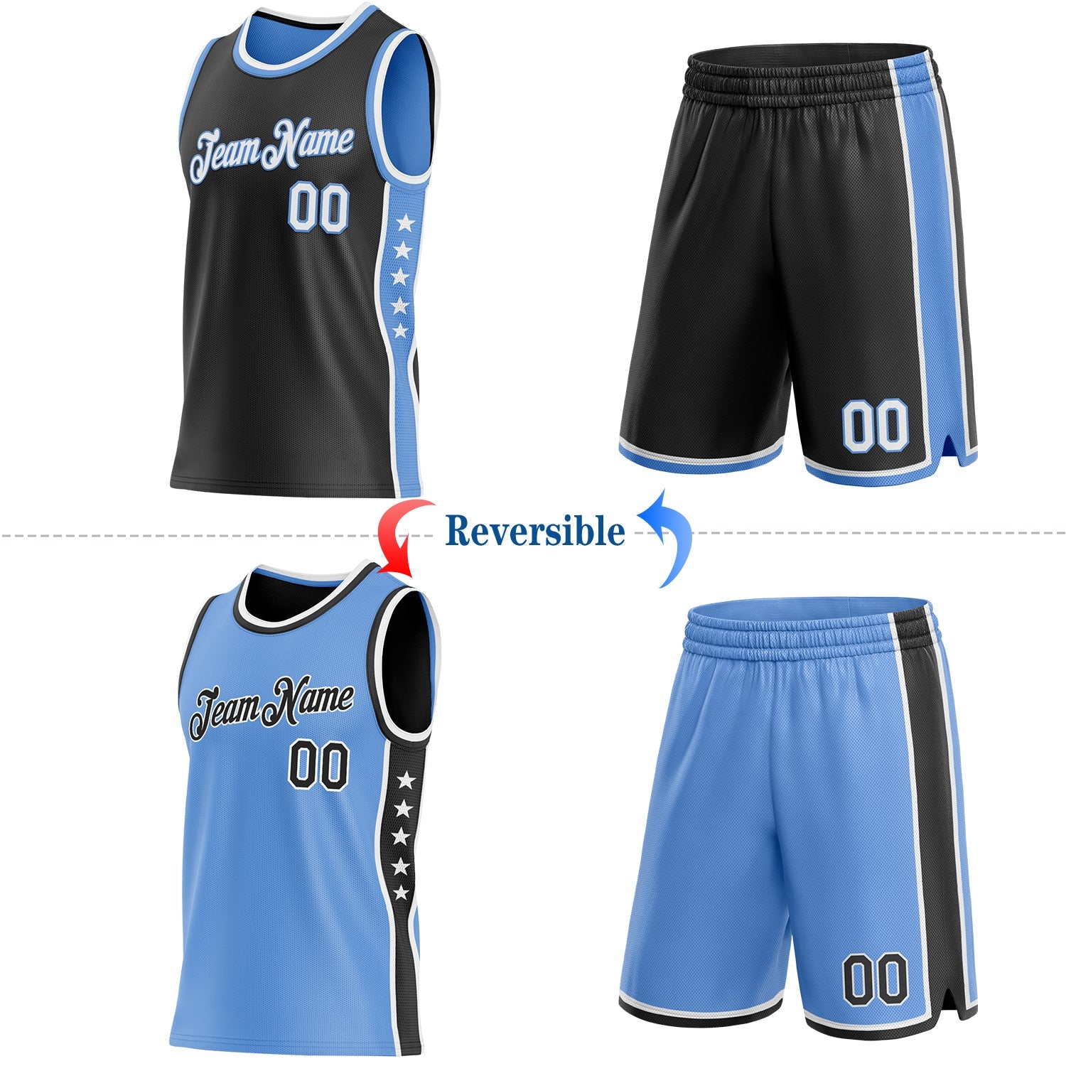 Custom Reversible Black White-Lakes Blue Double Side Star Sublimation Basketball Set Jersey