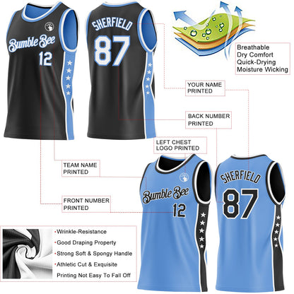 Custom Reversible Black White-Lakes Blue Double Side Star Sublimation Basketball Set Jersey