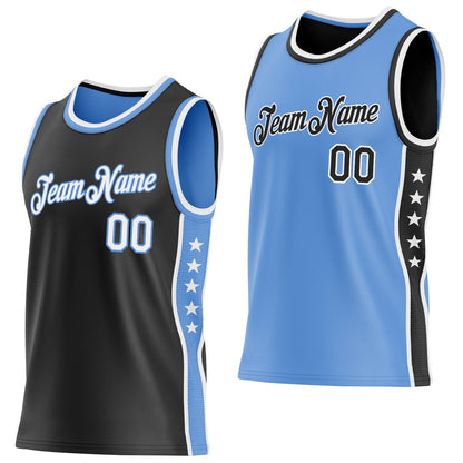Custom Reversible Black White-Lakes Blue Double Side Star Sublimation Basketball Set Jersey