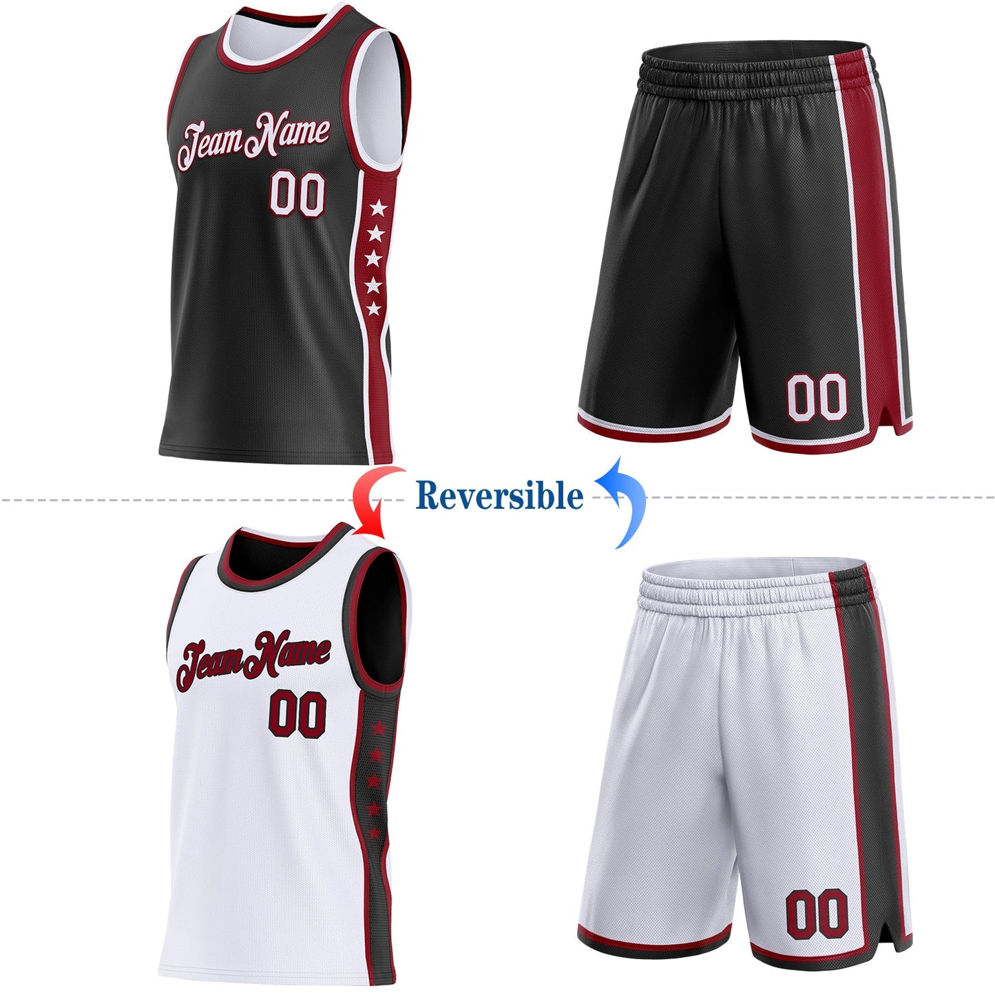 Custom Reversible Black White-Crimson Double Side Star Sublimation Basketball Set Jersey