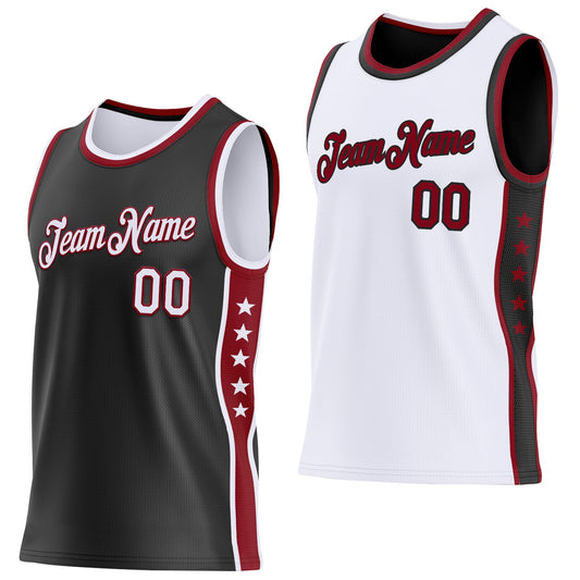 Custom Reversible Black White-Crimson Double Side Star Sublimation Basketball Set Jersey
