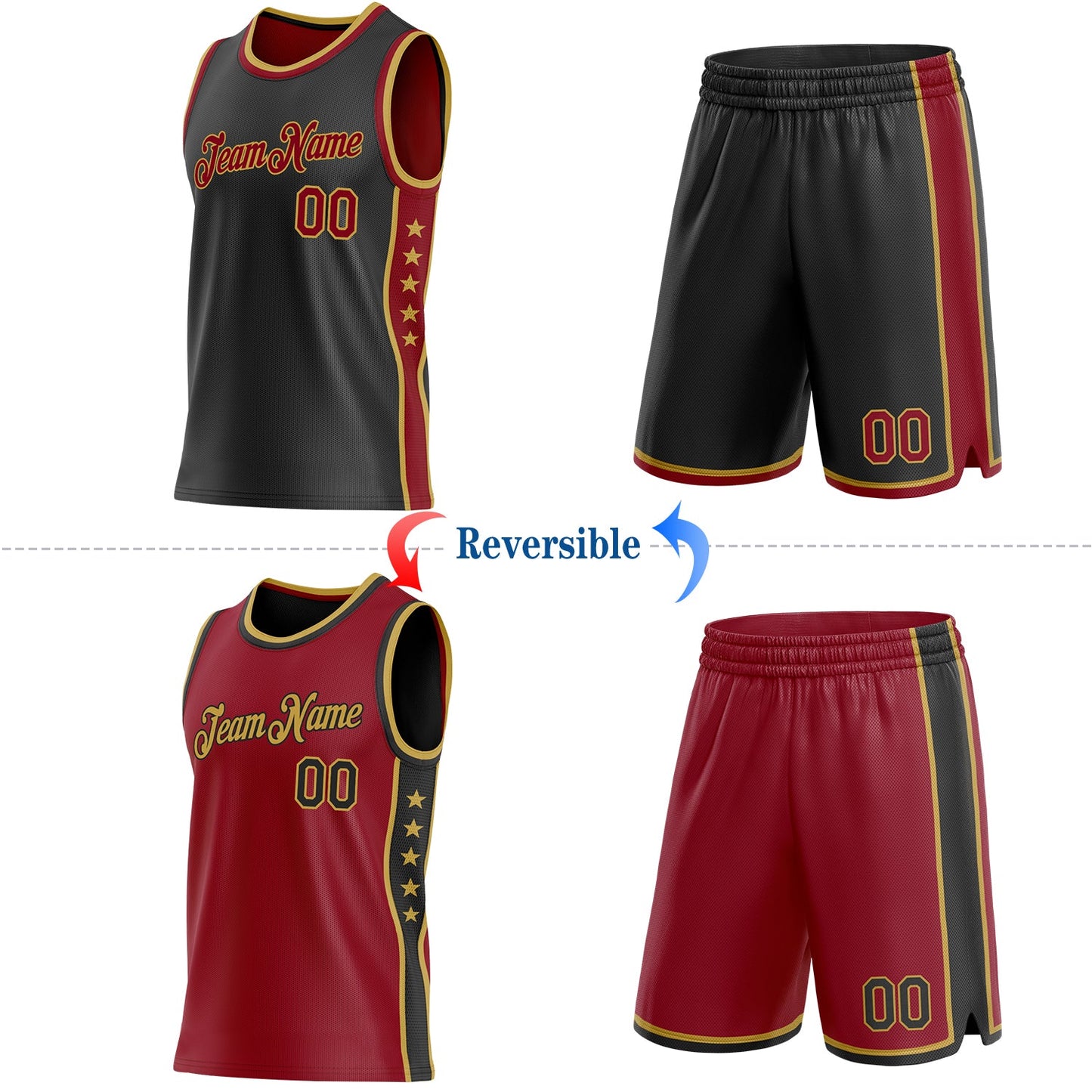 Custom Reversible Black Crimson-Old Gold Double Side Star Sublimation Basketball Set Jersey