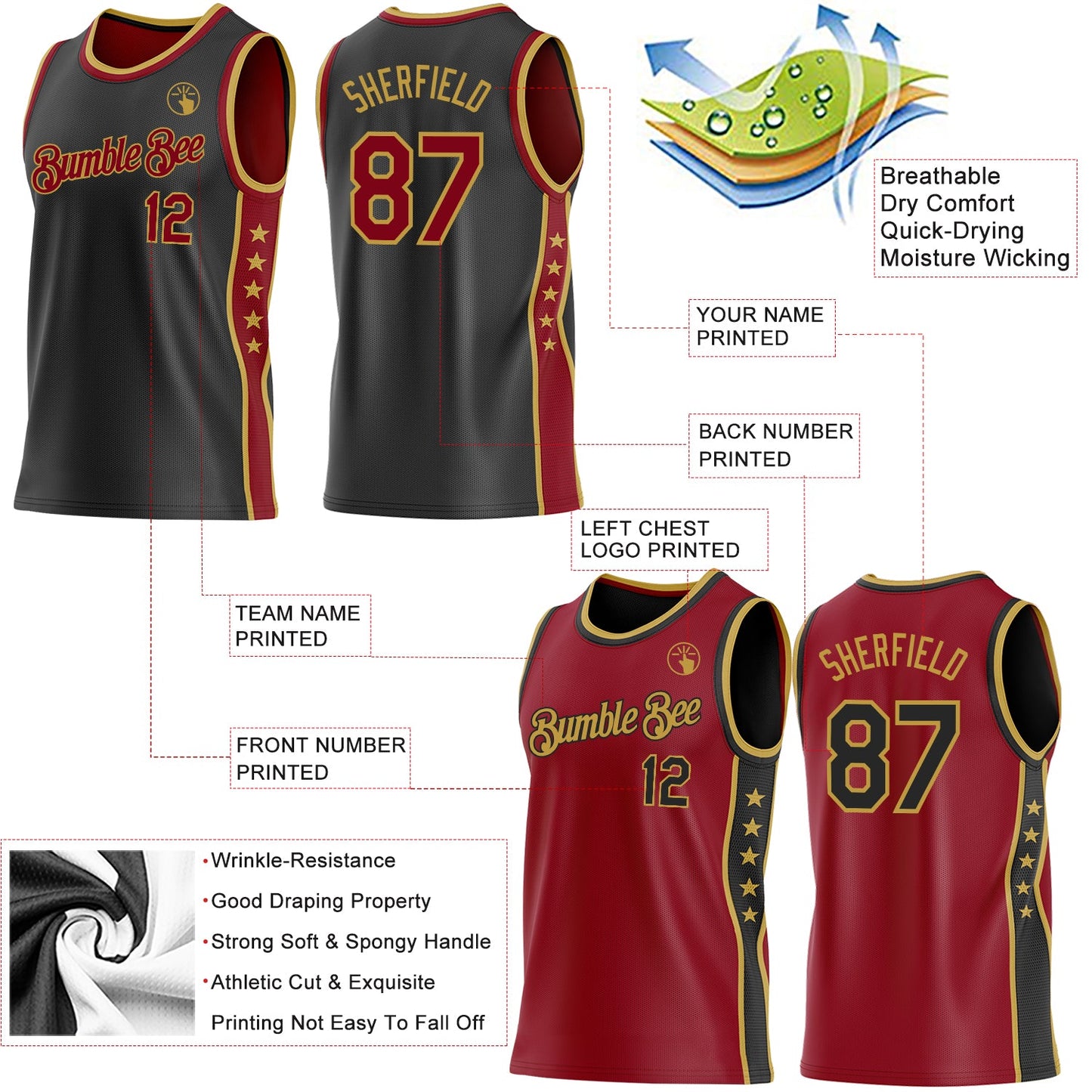 Custom Reversible Black Crimson-Old Gold Double Side Star Sublimation Basketball Set Jersey