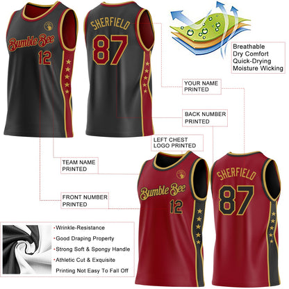 Custom Reversible Black Crimson-Old Gold Double Side Star Sublimation Basketball Set Jersey