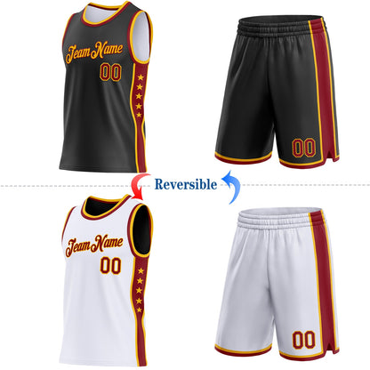 Custom Reversible Black Crimson-Gold Double Side Star Sublimation Basketball Set Jersey
