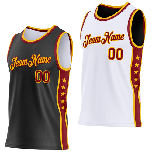 Custom Reversible Black Crimson-Gold Double Side Star Sublimation Basketball Set Jersey
