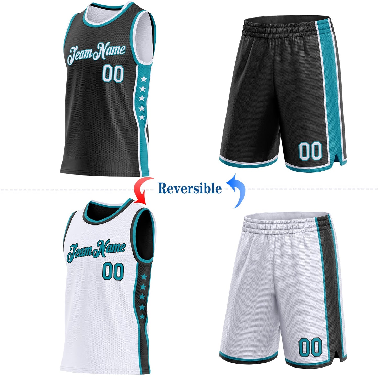 Custom Reversible Black White-Teal Double Side Star Sublimation Basketball Set Jersey