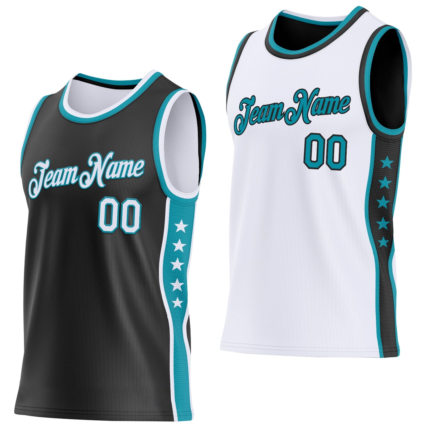 Custom Reversible Black White-Teal Double Side Star Sublimation Basketball Set Jersey