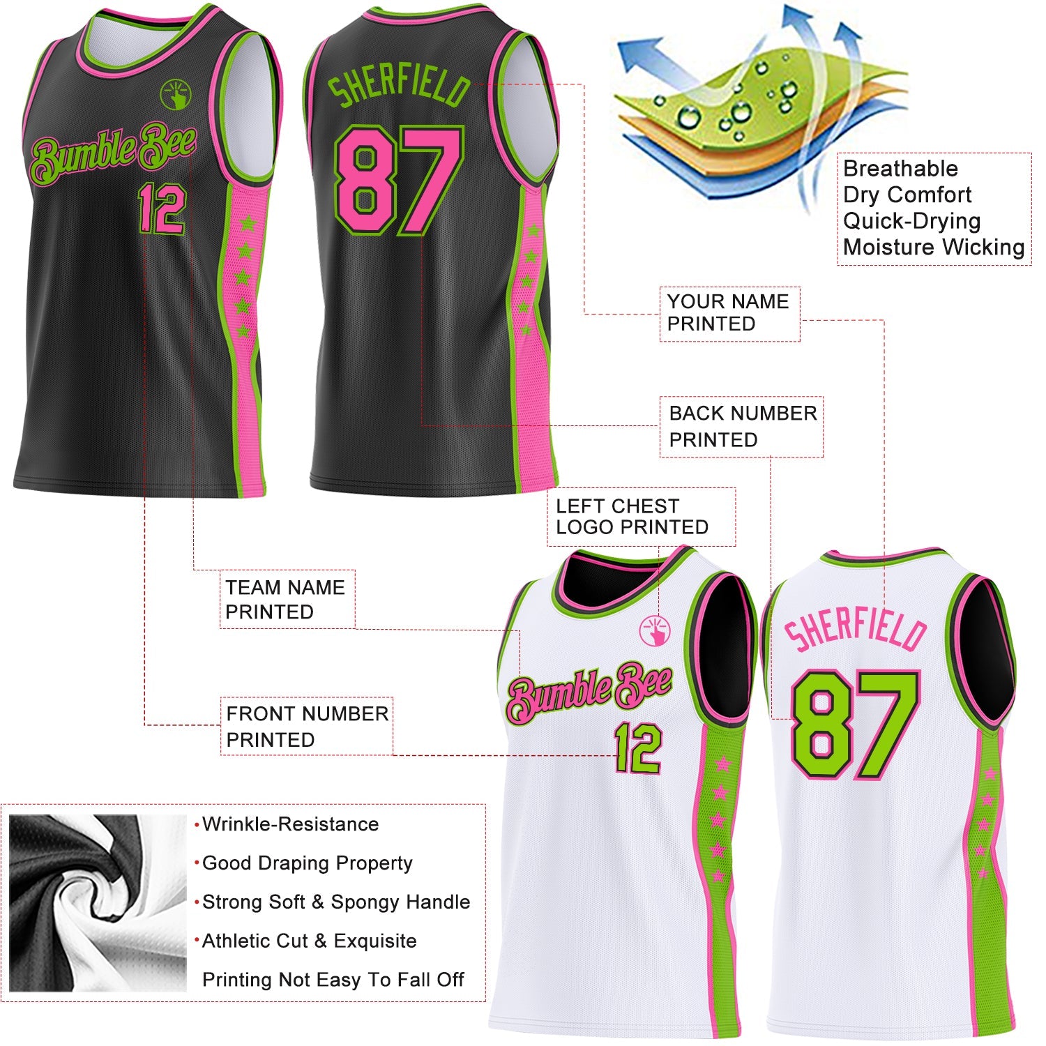 Custom Reversible Black Pink-Neon Green Double Side Star Sublimation Basketball Set Jersey