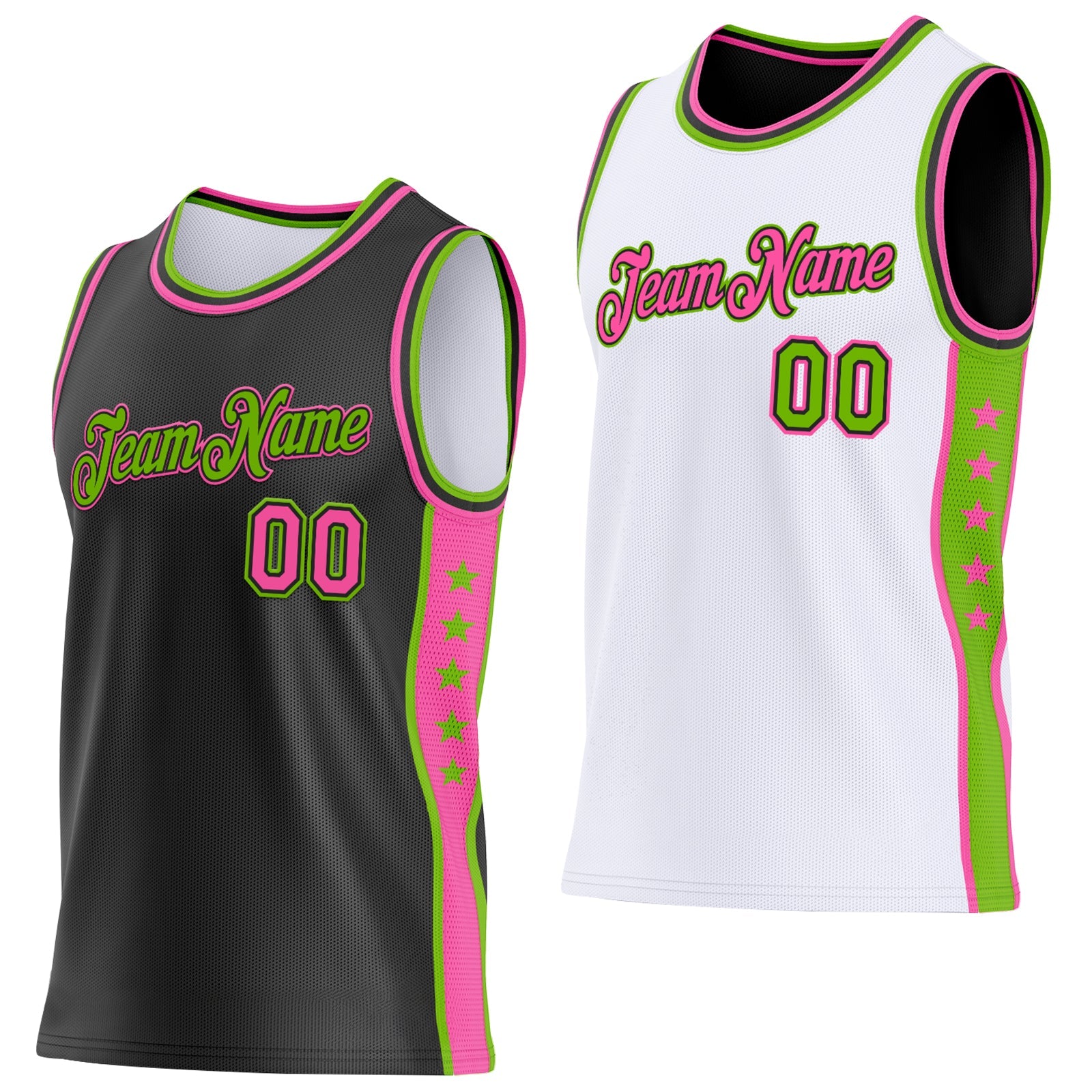 Custom Reversible Black Pink-Neon Green Double Side Star Sublimation Basketball Set Jersey