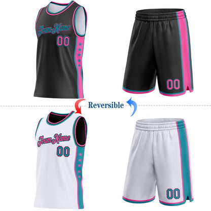 Custom Reversible Black Pink-Teal Double Side Star Sublimation Basketball Set Jersey