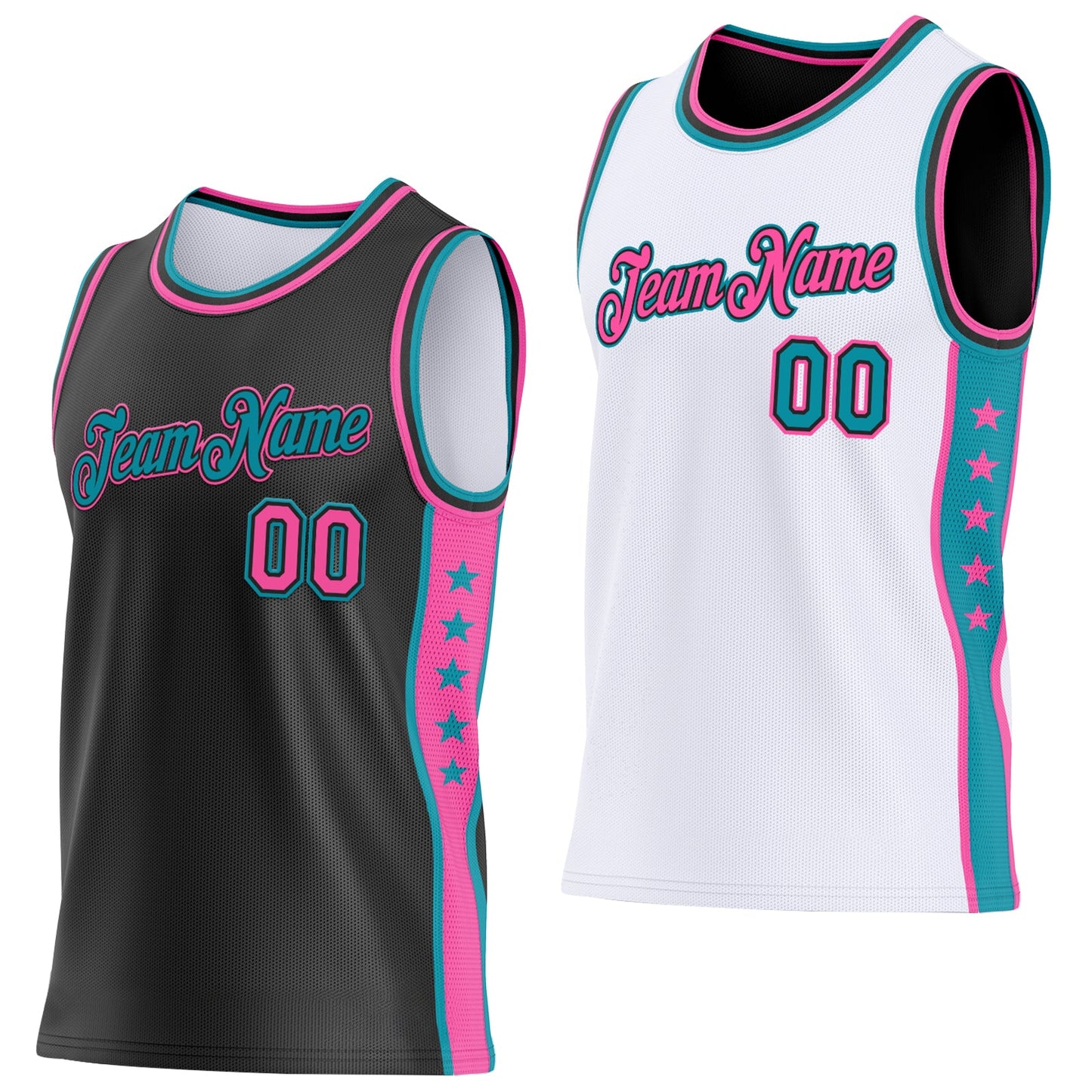 Custom Reversible Black Pink-Teal Double Side Star Sublimation Basketball Set Jersey