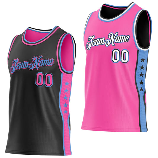 Custom Reversible Black Pink-Lakes Blue Double Side Star Sublimation Basketball Set Jersey