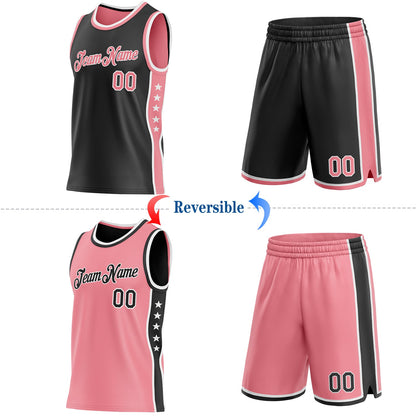 Custom Reversible Black Medium Pink-White Double Side Star Sublimation Basketball Set Jersey
