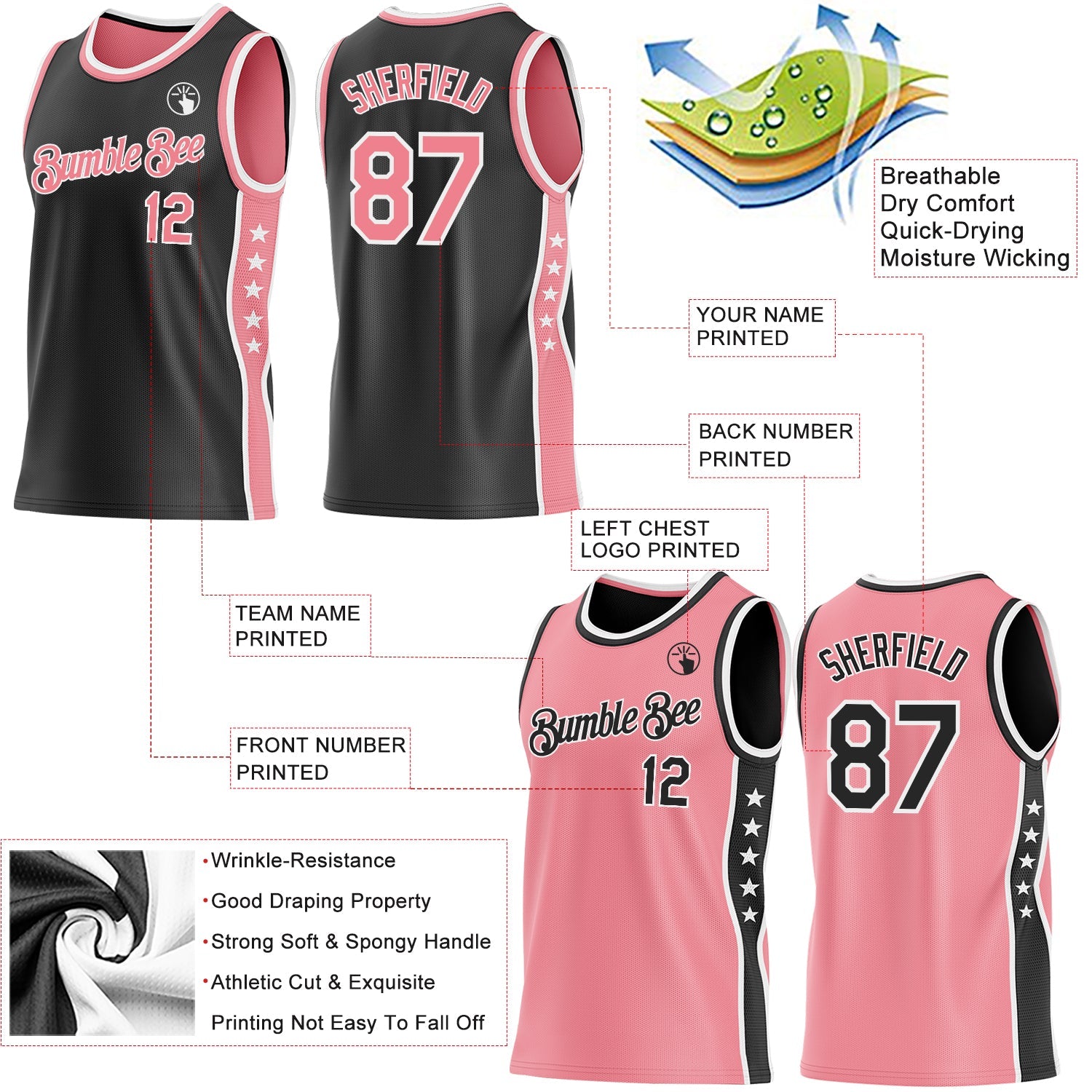 Custom Reversible Black Medium Pink-White Double Side Star Sublimation Basketball Set Jersey