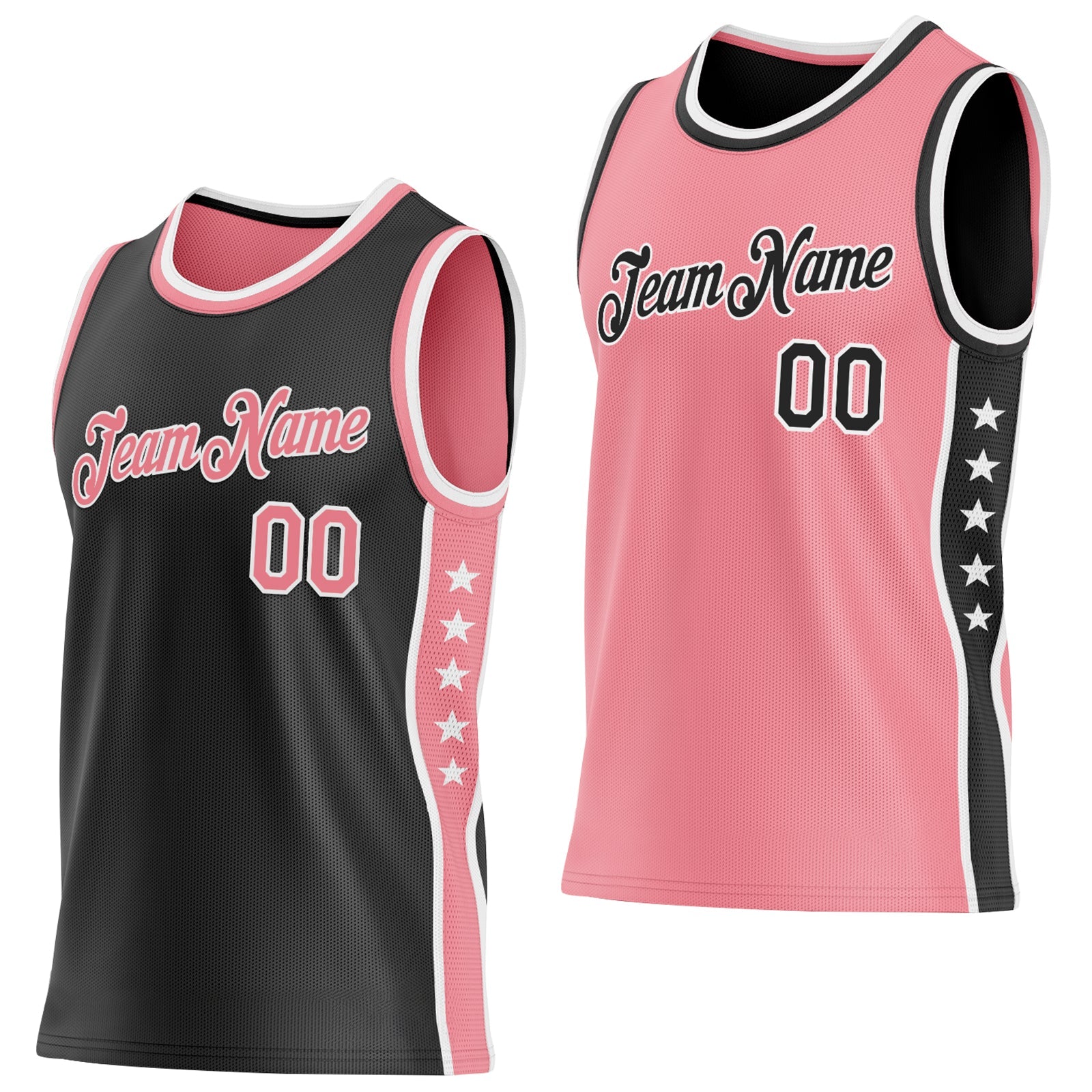 Custom Reversible Black Medium Pink-White Double Side Star Sublimation Basketball Set Jersey