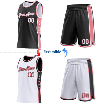 Custom Reversible Black White-Medium Pink Double Side Star Sublimation Basketball Set Jersey