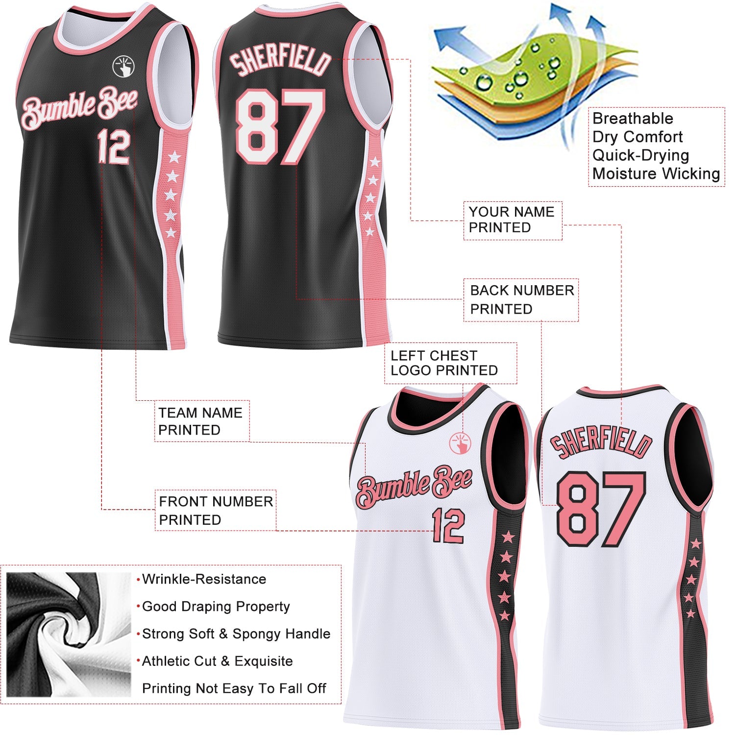 Custom Reversible Black White-Medium Pink Double Side Star Sublimation Basketball Set Jersey