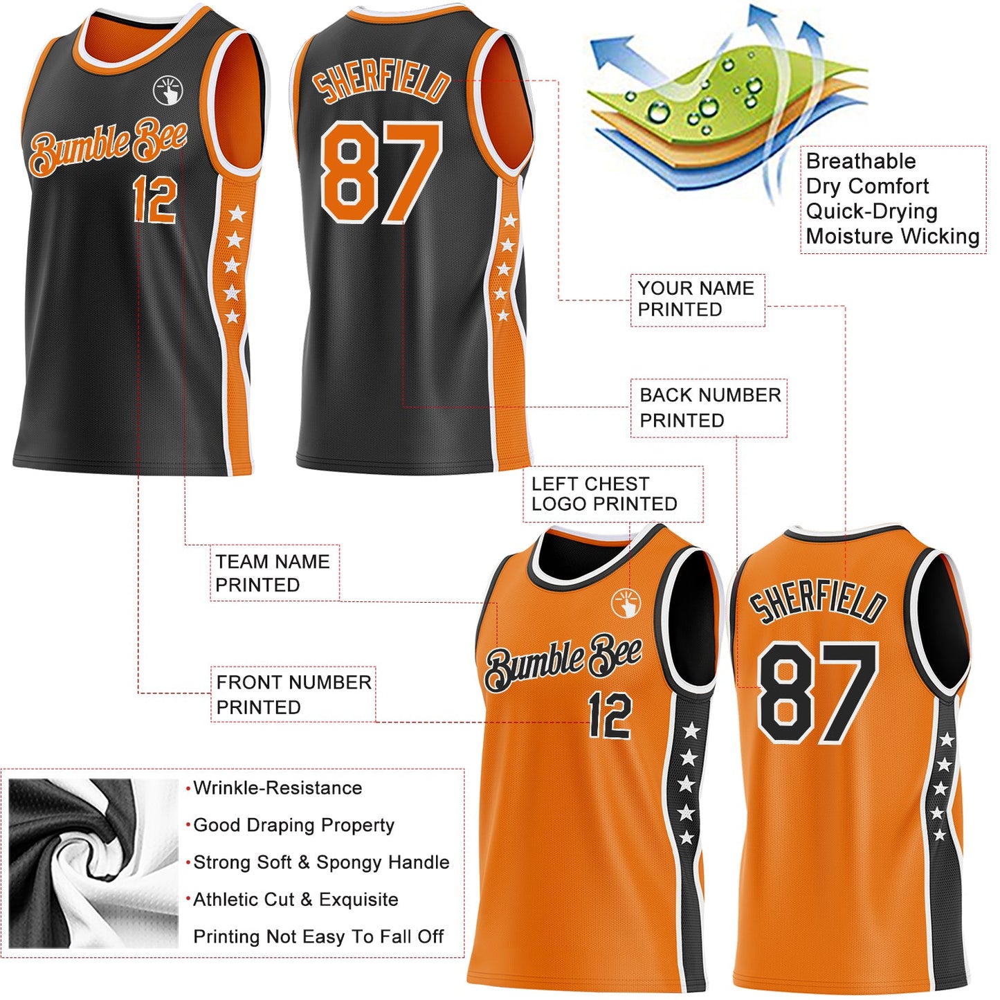 Custom Reversible Black Bay Orange-White Double Side Star Sublimation Basketball Set Jersey