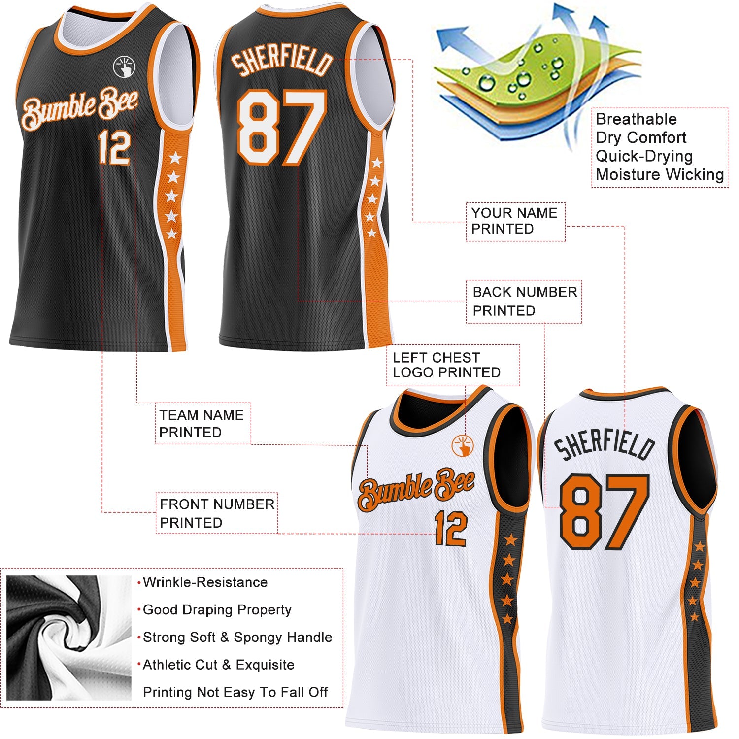 Custom Reversible Black White-Bay Orange Double Side Star Sublimation Basketball Set Jersey
