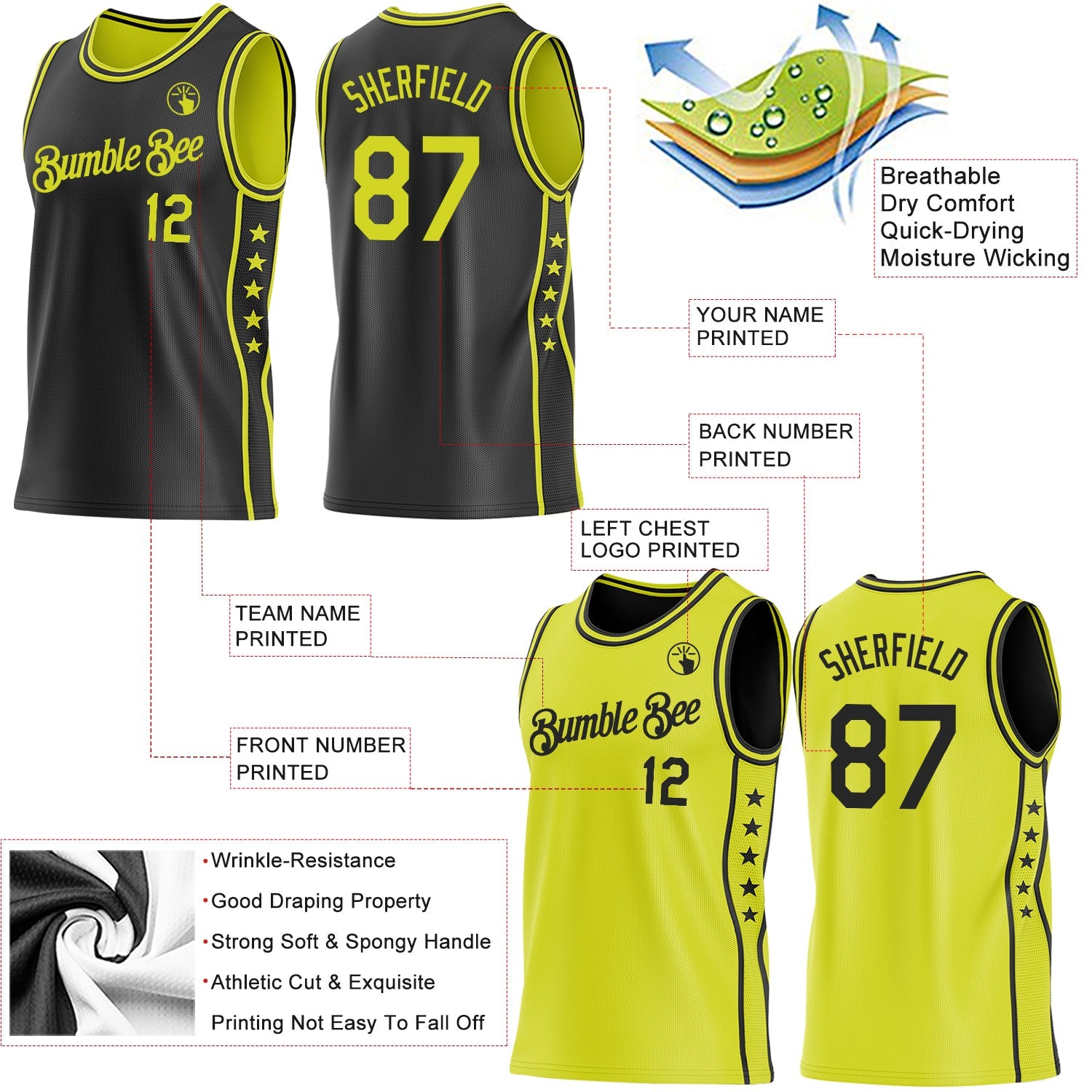 Custom Reversible Black Neon Yellow Double Side Star Sublimation Basketball Set Jersey