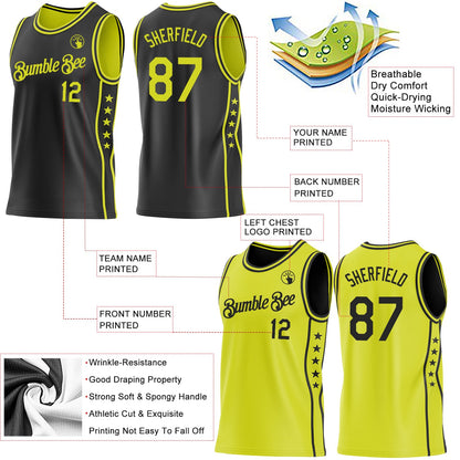 Custom Reversible Black Neon Yellow Double Side Star Sublimation Basketball Set Jersey