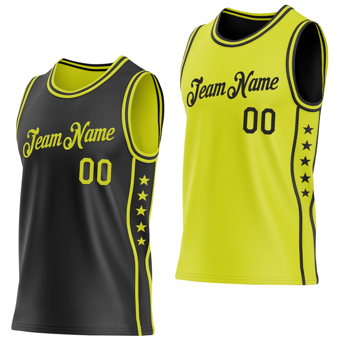 Custom Reversible Black Neon Yellow Double Side Star Sublimation Basketball Set Jersey