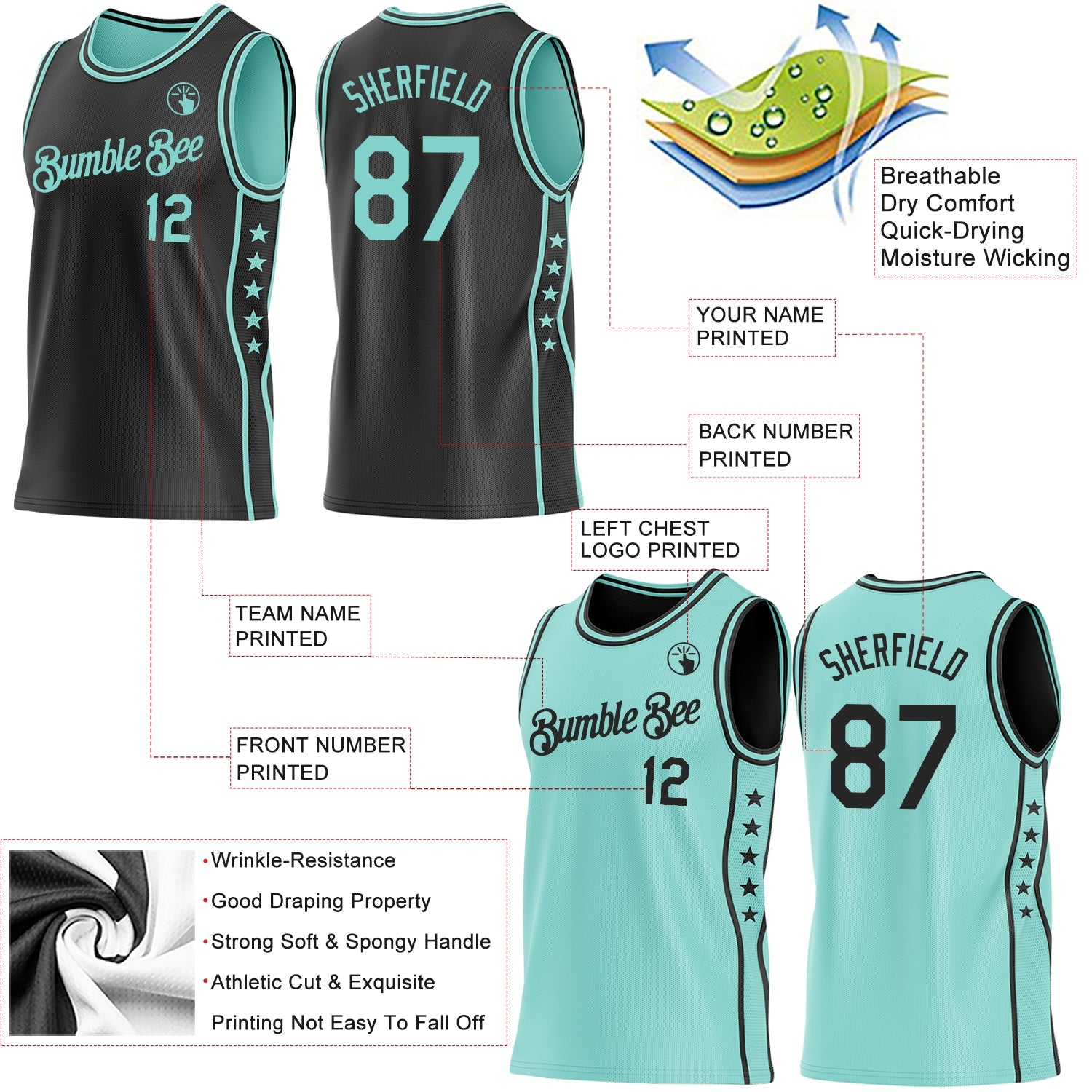 Custom Reversible Black Ice Blue Double Side Star Sublimation Basketball Set Jersey