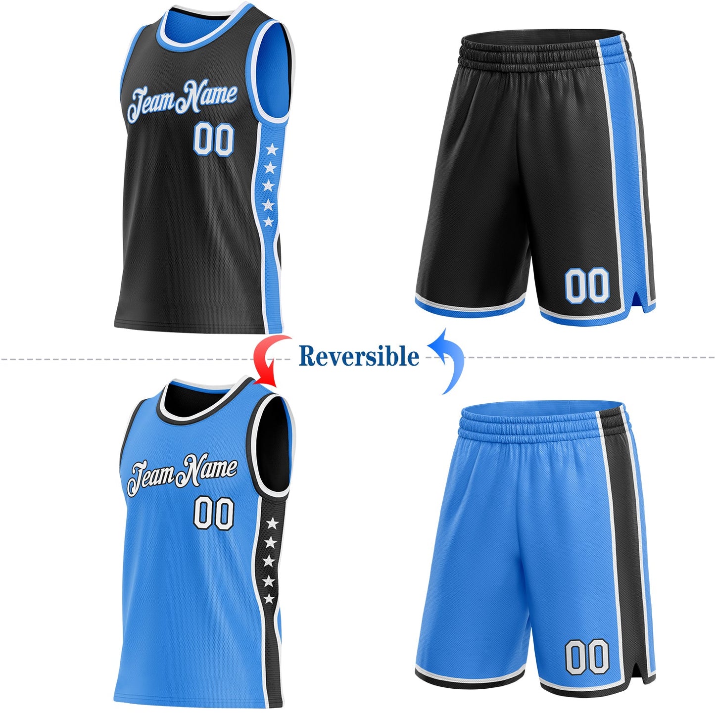 Custom Reversible Black White-Powder Blue Double Side Star Sublimation Basketball Set Jersey