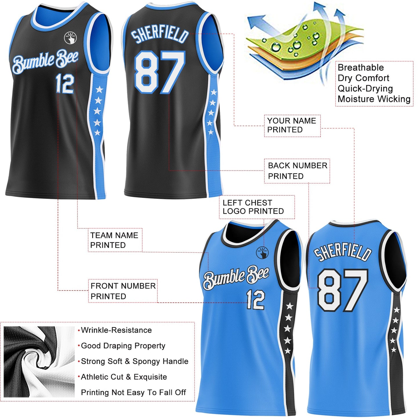 Custom Reversible Black White-Powder Blue Double Side Star Sublimation Basketball Set Jersey