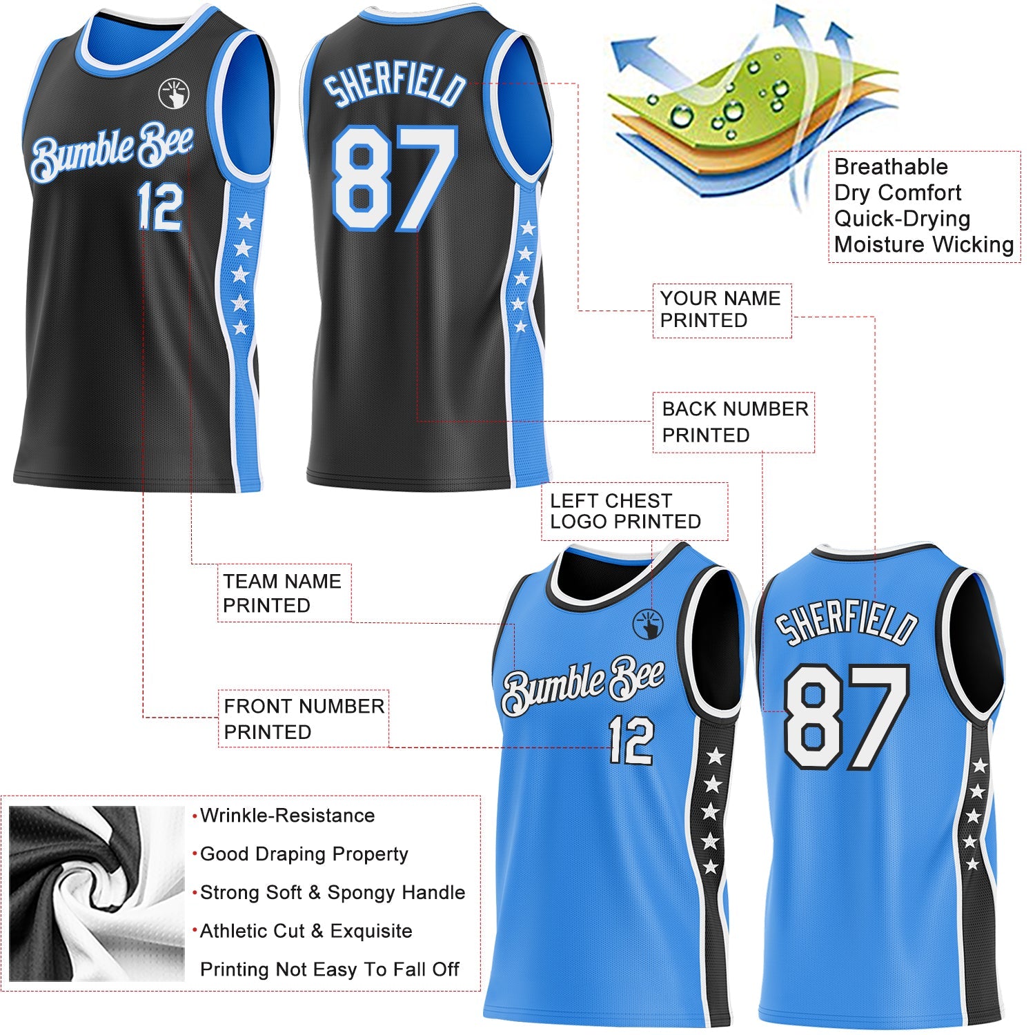 Custom Reversible Black White-Powder Blue Double Side Star Sublimation Basketball Set Jersey