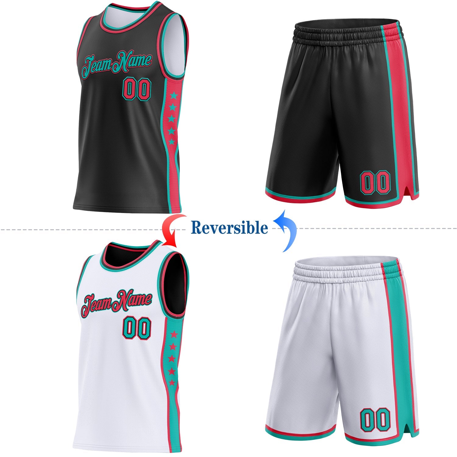 Custom Reversible Black Neon Pink-Aqua Double Side Star Sublimation Basketball Set Jersey