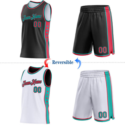 Custom Reversible Black Neon Pink-Aqua Double Side Star Sublimation Basketball Set Jersey