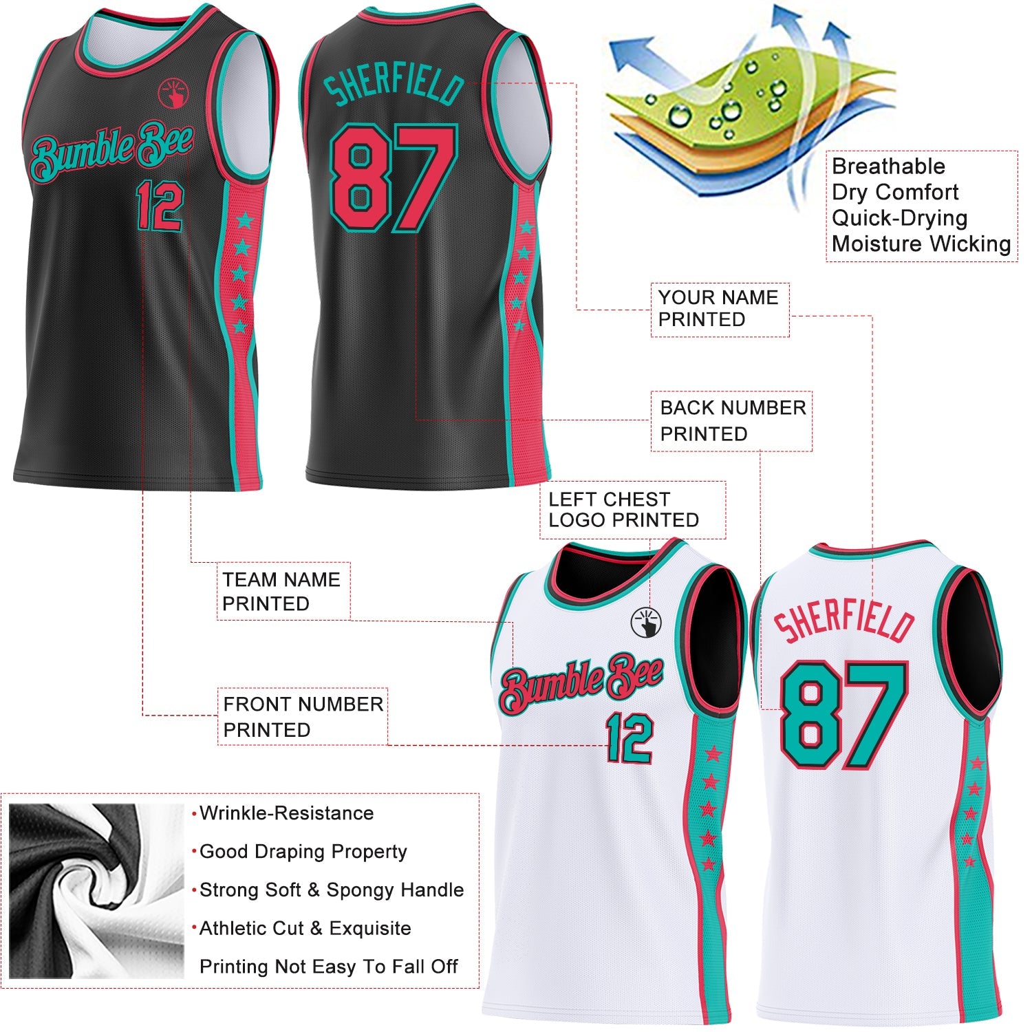 Custom Reversible Black Neon Pink-Aqua Double Side Star Sublimation Basketball Set Jersey