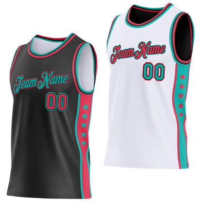 Custom Reversible Black Neon Pink-Aqua Double Side Star Sublimation Basketball Set Jersey