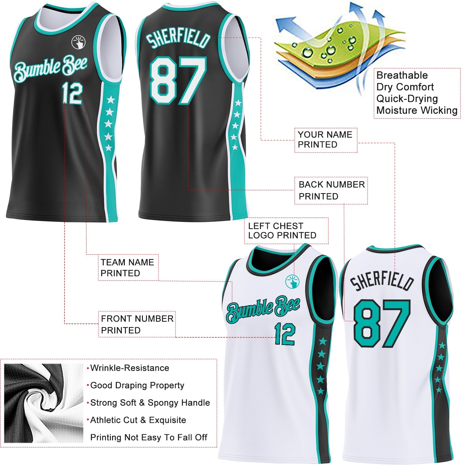 Custom Reversible Black White-Aqua Double Side Star Sublimation Basketball Set Jersey