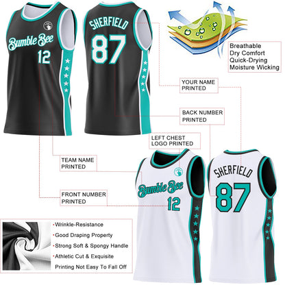 Custom Reversible Black White-Aqua Double Side Star Sublimation Basketball Set Jersey